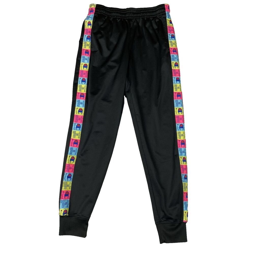 CHAMPION Mens M Joggers Tricot Track Pants Athletic Black Multicolor Logo Tape